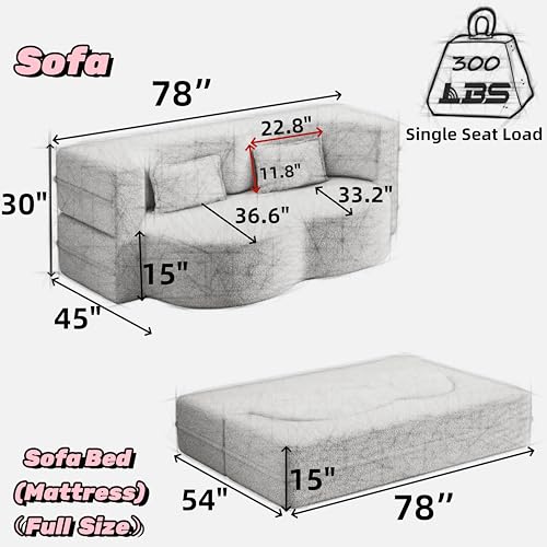 Teddy Fabric 3-in-1 Floor Sofa Bed with 2 Pillows, 15" Full Size Convertible Folding Foam Mattress Couch, No-Assembly Trifold Futon Guest Bed for Living Room, Dorm (Plush Corduroy, Black) Generic