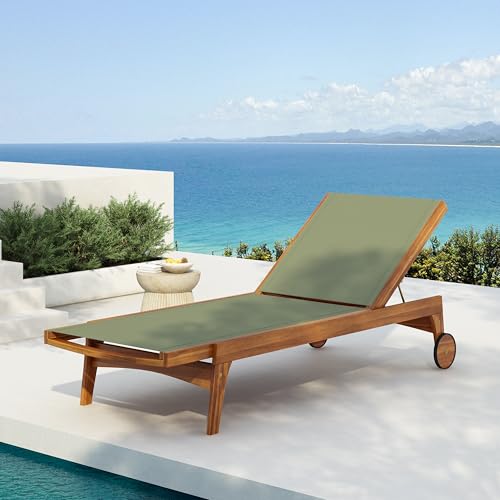 Merax Patio Chaise Lounge Chair, Acacia Wood Frame with Mesh Seat, Adjustable Outdoor Recliner, Weather-Resistant Poolside Lounger Green Merax