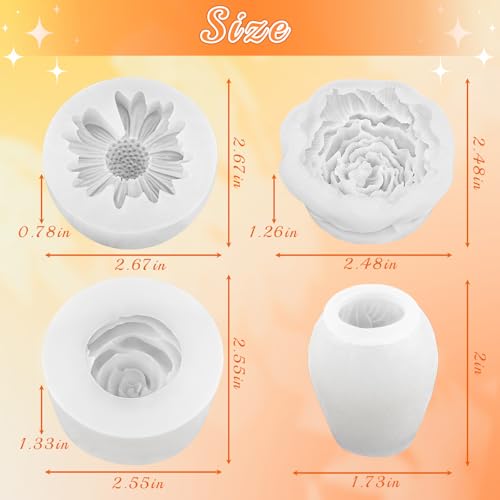 4 Pcs Flower Silicone Molds Set, 3D Floral Silicone Molds Daisy, Peony, Rose, Tulips, Easy Release, Ideal for DIY Candles, Soap, Epoxy Resin Casting Mom Gifts