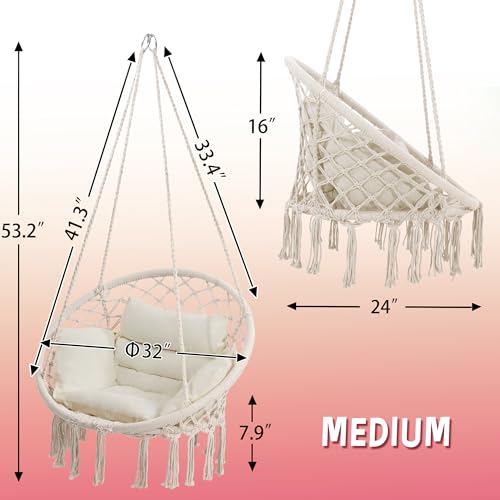 KROFEM Macrame Hammock Hanging Swinging Chair with Medium Cushion, Perfect for Bedroom, Porch, Adults, Balcony, Beige KROFEM
