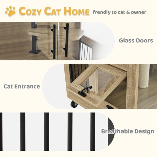 Lovupet Wooden Cat House with Scratching Posts, Luxury Large Cat Condo with Lockable Wheels, Indoor Kitten Cage with Escape Door, GC11 Lovupet