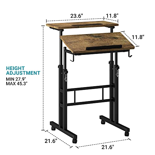 Klvied Rolling Mobile Desk with Cup Holder, Portable, Adjustable Height Small Stand up Desk on Wheels for Home Office Laptop Cart, Computer, Standing or Sitting,Oak Klvied