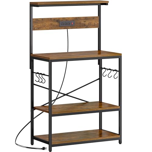 SUPERJARE Bakers Rack with Power Outlets, Microwave Stand, 31.5 X 16.5 Inch Larger Desktop, Kitchen Storage Rack with Adjustable Middle Shelf, 6 S-Shaped Hooks, Coffee Bar Stand, Rustic Brown