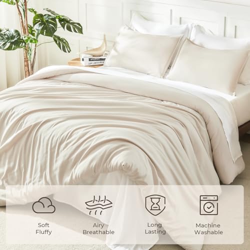 Litanika Full Size Comforter Sets Beige, 3 Pieces Lightweight Bedding Comforter Sets, Down Alternative Comforter Fluffy Bed Set Gift Choice Litanika