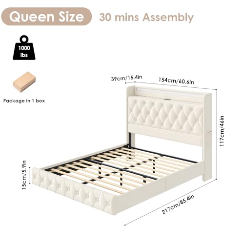 Keyluv Queen Floating Bed Frame with LED Lights & Charging Station, Upholstered Velvet Platform Bed with Button Tufted Storage Headboard, No Box Spring Needed, Noise-Free, Easy Assembly, Beige Keyluv