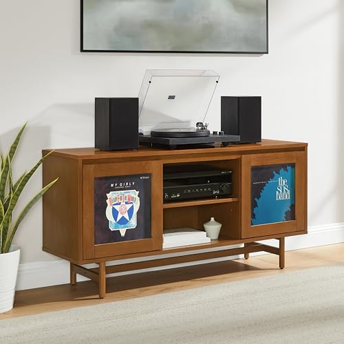 Crosley Furniture Dempsey Record Player Cabinet Vinyl Storage and Display Mid-Century Modern Turntable Stand, Walnut Crosley Furniture