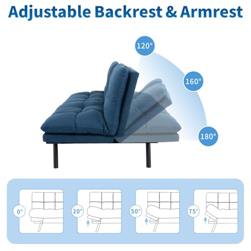 MUUEGM Futon Sofa Bed, 71" Convertible Linen Memory Foam Couch Bed, Modern Backrests Armrests Love Seat for Living Room,Apartment,Office,Blue Sleeper Couch MUUEGM