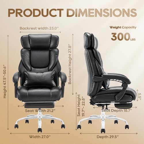 COLAMY Office Chair with Retractable Footrest, Ergonomic High Back Design Executive Computer Desk Chair with Removable Lumbar Pillow, 90-135°Reclining, Thick Bonded Leather for Home Office Work, Black COLAMY
