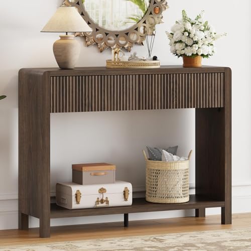 FATORRI Console Entryway Table, Narrow Wooden Sofa Table with 2 Drawers, 39.37 inch Modern Foyer Tables and Couch Tables Behind Sofa for Living Room, Hallway (Dark Walnut) FATORRI