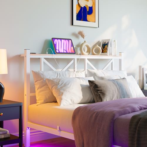 MUZERUL Floating Bed Frame Full Size with LED Lights & Charging Station,Metal Platform Bed Frame Full Size with XX Headboard,No Box Spring Needed,Heavy Duty Steel Slats,Easy Assembly,Noise Free,White MUZERUL