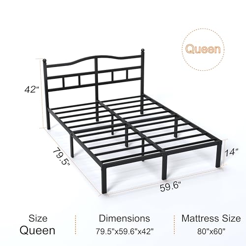 Snaye 14 Inch Queen Bed Frame with Headboard, Heavy Duty Metal Platform Bed Frame Queen Size Mattress Foundation with Sturdy Steel Slats, Easy Assembly Noise Free Snaye