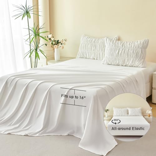 PERFEMET White Bedding Twin Size Set, 5 Pieces Fluffy Ruched Comforter Set, Luxury Soft Boho Chic Ruffled Bed in a Bag with Sheet, All Season Farmhouse Pleated Texture Bed Sets(White, Twin) PERFEMET