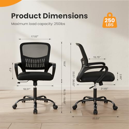 Sweetcrispy Home Office Managerial Executive Chair, Ergonomic Mesh Adjustable Swivel Mid-Back Computer Desk Chair with Comfortable Lumbar Support, Comfy Arms for Bedroom,Study Sweetcrispy