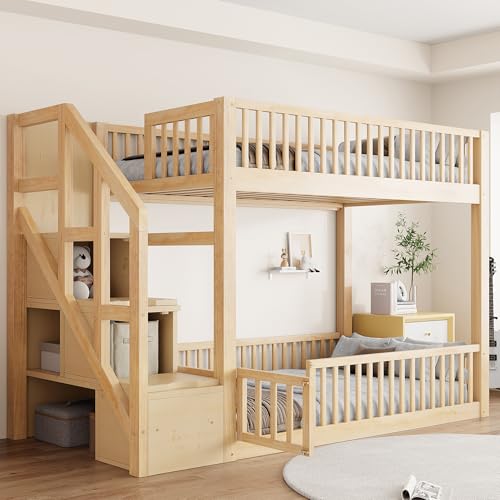 Merax Twin Over Twin Floor Bunk Bed with Storage Ladder and Guardrails, Wood Twin Bunk Bed for Kids Teens Adult, Natural Merax