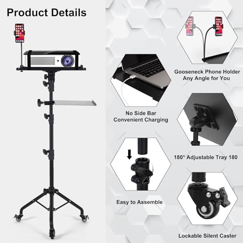 Tossbiss Laptop Tripod on Wheels with 2 Shelves, Portable Projector Floor Stand Adjustable Height 25.9 to 51.8 Inch with Phone Holder Tossbiss