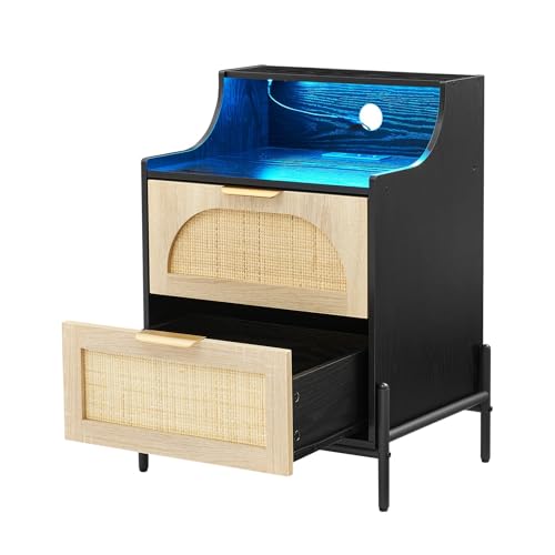 Rattan Nightstand, Modern Bedside Table with Led Lights and 2 Drawers, Black Nightstand with Charging Station, Wooden Bedside Table, Suitable for Bedrooms and Small Spaces, Black IDEALHOUSE