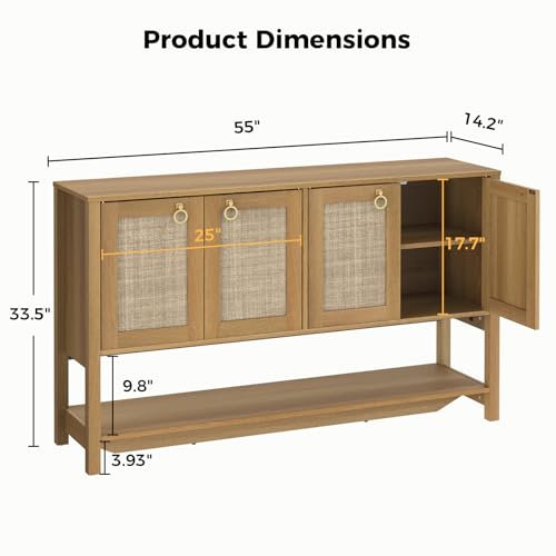 LubanNese 55" Rattan Sofa Console Table, Boho Wood Entryway Storage Cabinet with 4 Doors & Adjustable Shelf, Multifunctional Coffee Bar Sideboard Buffet for Kitchen, Dining Room, Living Room LubanNese