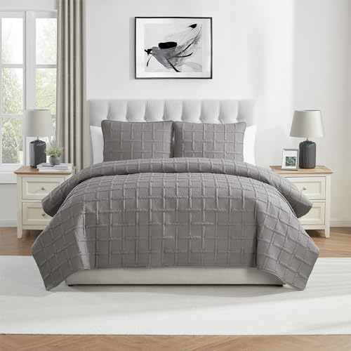 VCNY Home - Full/Queen Quilt Set, Pinsonic Bedding with Matching Pillow Shams, Dorm Room Essentials, Super Soft Home Decor (Square Dark Grey, 3-Piece) VCNY Home