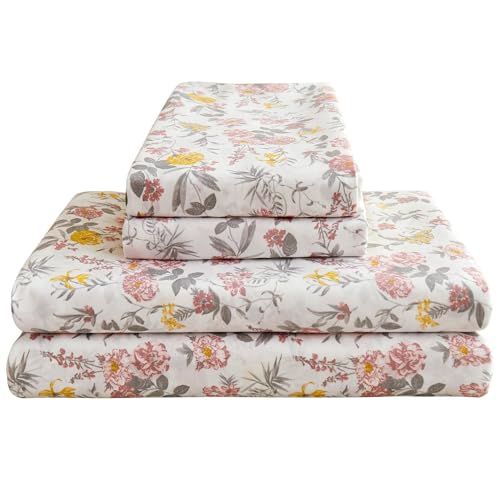 Viviland Floral Twin Sheet Set - 3 Piece Vintage Pink & Yellow Flower Patterned Bed Sheets - Soft, Breathable Microfiber Sheets with Deep Pocket, Non-Slip Fitted Sheets & Pillowcases Viviland