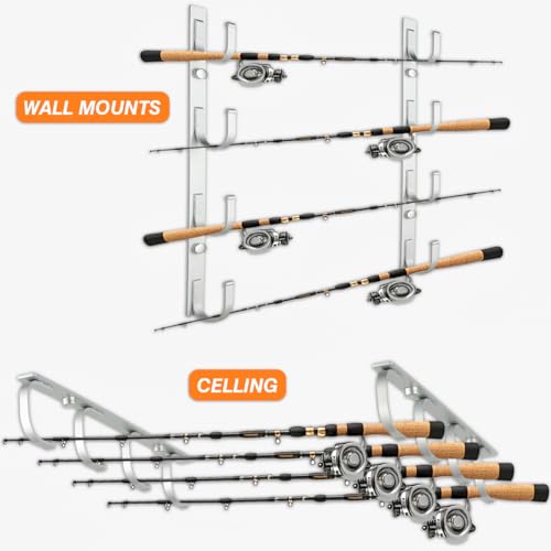 SUMERX Fishing Rod Holders, 4 Pack Wall or Ceiling Mounted Fishing Pole Holders for Garage, Aluminum Fishing Rod Rack Organizer for Universal Fit SUMERX