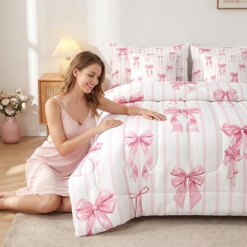 Erosebridal Pink Ribbon Bowknot Bed in A Bag with Sheets for Girls Kids Teens Women Princess Satin Bow Twin Comforter Set 7 Piece Kawaii Coquette Bedding Set Pink Stripes Bed Set Erosebridal
