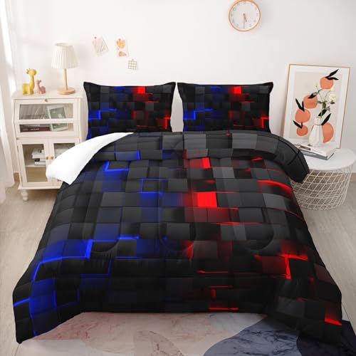 Nttopship Red and Blue Checkered Comforter Set Queen Honeycomb Bedding Sets 3PCS for Kids Teen Adult Boy Room Decor Ultra-Soft Lightweight Microfiber 1 Comforter with 2 Pillowcases Nttopship
