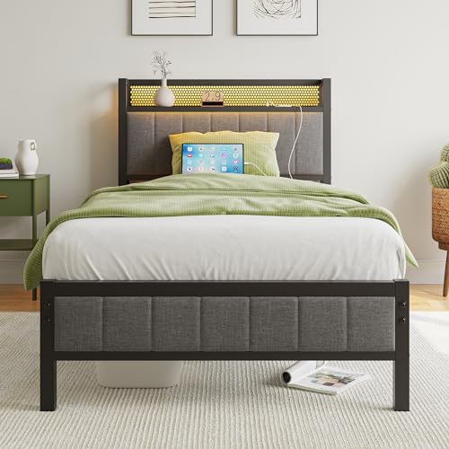 Twin Bed Frame with Charging Station and LED Lights,Upholstered Headboard with Storage Shelves,Metal Single Platform Bed Frame Twin Size with Strong Metal Slats Support No Box Spring Needed,Noise Free BOFENG