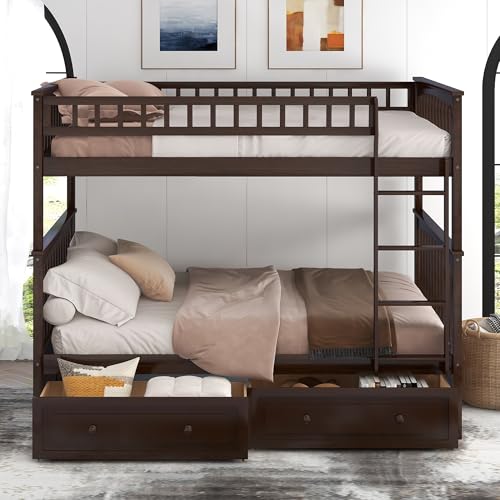 Ball & Cast Full Over Full Bunk Bed with 2 Storage Drawers and Ladder,Wood Bunk Bed Frame w/Guardrails,Space-Saving,Slat Support,No Box Spring Needed,Convertible Beds for Apartment,Bedroom,Espresso Ball & Cast