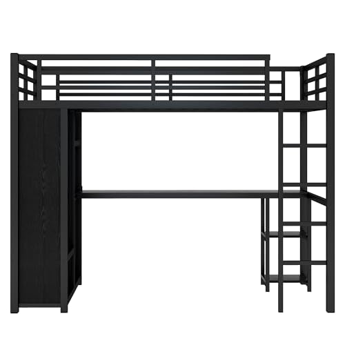 Bellemave Metal Twin XL Size Loft Bed with Desk and Wardrobe,Heavy Duty Loft Bed Frame with Storage Shelves for Kids,Teens,Adults, Space Saving,Black Bellemave