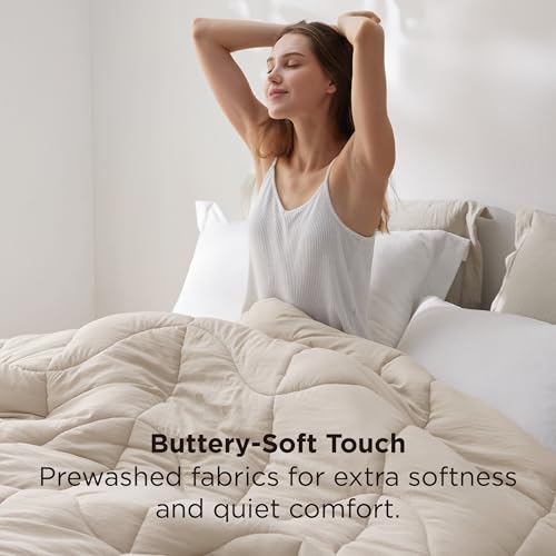 Bedsure Queen Comforter - Comforters Queen Size for All Season, Ultra-Soft Down Alternative & Prewashed Duvet Insert with 4 Tabs - Machine Washable, Linen, 88x88 Inches Bedsure