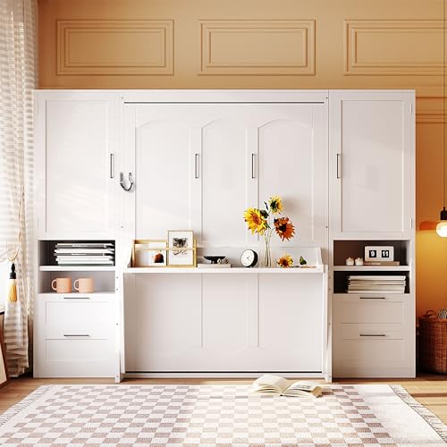 Merax Full Size Murphy Bed with Desk, Multifunctional Foldable Wall Bed with Closet, Drawers and Shelves, Space-Saving Wood Platform Bed Frame for Small Spaces Studio Study Office Guest Room, White Merax