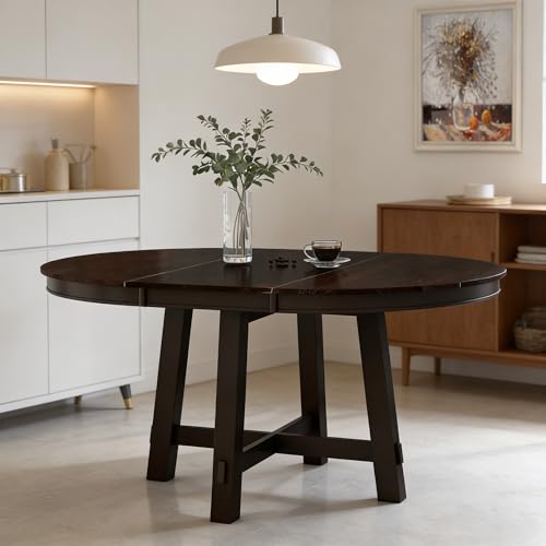 Bellemave 42"-58" Extendable Dining Table for 4-6, Solid Wood Oval Dining Kitchen Table with Removable Leaf, Farmhouse Circle Desk for Kitchen Living Room Space Saving (Espresso) Bellemave