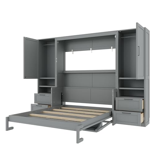 Merax Queen Size Murphy Bed with Desk, Space-Saving Wall Bed Frame with Closet, Drawers and Shelves, Foldable Platform Bed for Small Spaces Studio Study Office Guest Room, Gray Merax