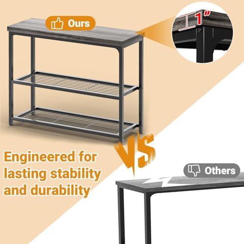 Besiost 32" Small Console Table with 3-Tier Storage, Industrial Narrow Entryway Table, Sofa Table Behind Couch for Hallway, Foyer & Living Room, Sturdy Metal Frame, Oak Grey Besiost