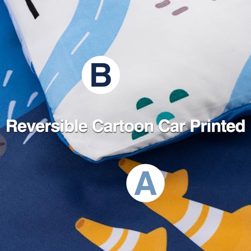 A Nice Night 5Pcs Bed in A Bag Cartoon Cartoon Car Kids Comforter Set Construction Bedding Set, Race Car Motorcycle Truck Pickup Printed, Twin,Dark Blue A Nice Night