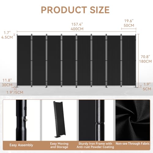 C-Hopetree 8 Panels Room Divider, 6 Ft Tall Indoor Folding Privacy Screen, Portable Partition Separator, Freestanding Separation Temporary Wall for Office, Bedroom, 160" W X 71" H, Black C-Hopetree