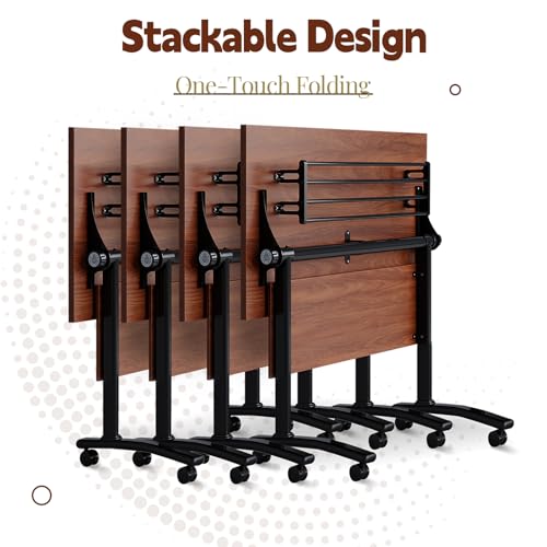 6Packs Folding Conference Table with Silent Wheels,Mobile Flip Top Meeting Room Table for Office Training and Classroom,Foldable Modular Rolling Desk for Home Office,Walnut Space-Saving Rectangular JFazzruit