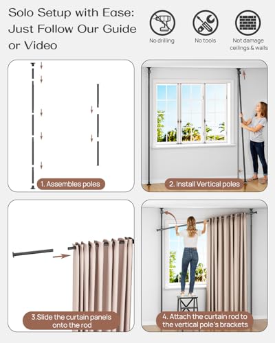 ALLZONE Partition Room Divider Curtain Rod, Adjustable Wall Divider for Room Separation, 63 to 130inch(H) & 31 to 135inch(W), No Drill, Three Mounting Options, Ideal for Creating Privacy Space, Black ALLZONE