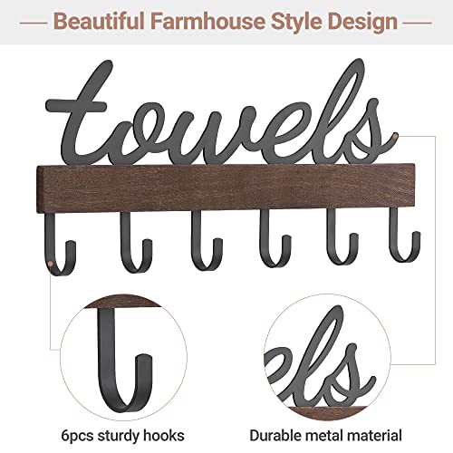 Dahey Towel Rack with 6 Hooks, Towel Holder Wall Mount Bathroom Organizer Rustic Farmhouse Home Decor Towel Hanger Storage Hooks for Towel, Robe, Bag, Black Dahey