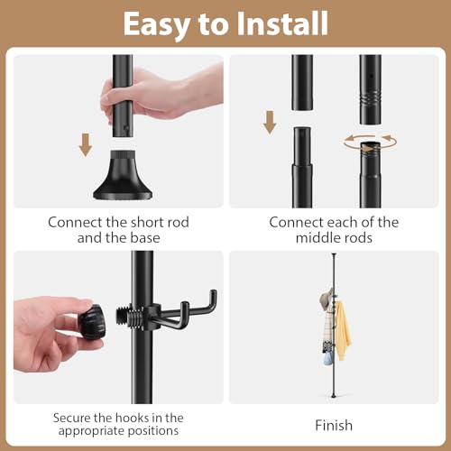 Sempicad Coat Rack Freestanding, 56 to 125 inch Adjustable Tension Rod Coat Hanger with 12 Hooks for Hanging Coat, Jacket, Hat, Scarf, Suitable for Living Room, Balcony, Kitchen Black… Sempicad