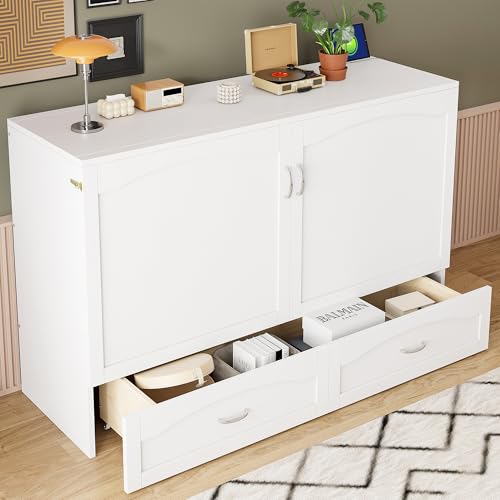 MERITLINE Queen Size Murphy Bed with Storage Drawer Wood Home Office Wall Bed Cabinet with Sockets & USB Ports, Space-Saving for Multipurpose Guest Room White MERITLINE