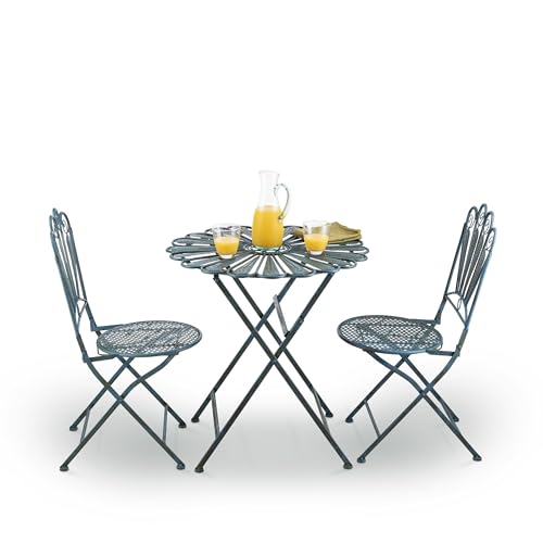 Alpine Corporation Indoor/Outdoor 3-Piece Peacock Feather Rustic Metal Bistro Set Patio Seating, Light Blue Alpine Corporation
