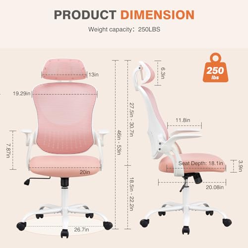 Sweetcrispy Home Office Managerial Executive Chair, High-Back Mesh with Adjustable Headrest, Flip-up Armrest Comfortable Lumbar Support, Comfy Arms for Bedroom,Study,Student Sweetcrispy