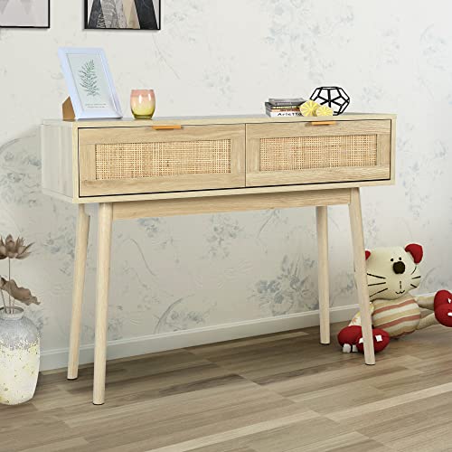 DOALBUN OKL 39" Console Table, Oak Entryway Table with 2 Rattan Drawers, Sofa Table with Wood Frame and Bamboo Storage Shelf, Rustic Hallway Table for Living Room Foyer Entryway (Natural) DOALBUN