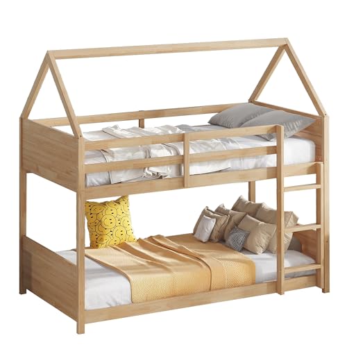 Ball & Cast Twin Over Twin House Bunk Bed for Kids,Rubber Wood Bunk Bed with Headboards, Footboards and Guardrails, Ladder,Twin Size House Shaped Bunk-Bed, No Box Spring Needed,White Oak Ball & Cast