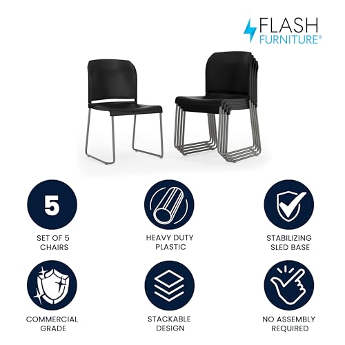 Flash Furniture Hercules Series Contoured Stacking Chairs for Waiting Rooms and Offices, Ergonomic Lobby Chairs with Curved Back, Set of 5, Black Flash Furniture