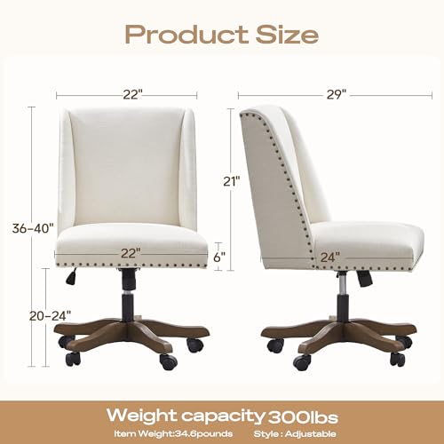 Zihanhome Armless Upholstered Office Chair with Wooden Legs, Modern Criss Cross Adjustable Home Office Desk Chair No Arms Sewing Chair Swivel Chair for Women Farmhouse Study Studio (Beige) Zihanhome