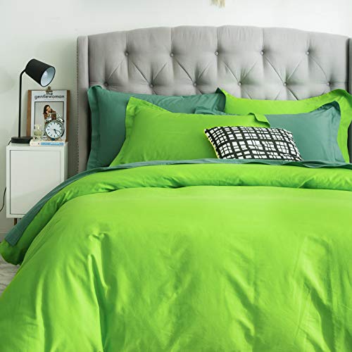 SUSYBAO Bright Green Duvet Cover Twin 100% Cotton 2 Pcs Set 1 Single Light Green Duvet Cover with Zipper Ties 1 Pillow Sham Farmhouse Neon Green Bedding Set Soft Comfortable SUSYBAO