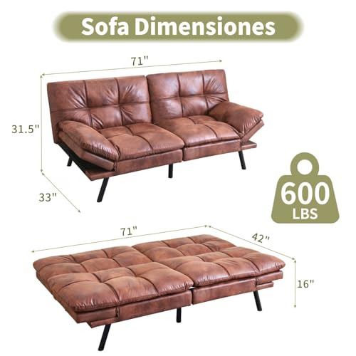 Vipbear 71" Futon Sofa Bed - Convertible Sofa Beds/Adjustable Backrest & Armrest, Comfy Loveseat Sleeper for Small Spaces, Apartments & Offices,Faux Leather Brown Futons Vipbear