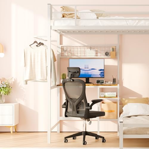 KEIKI Twin Over Twin Size Bunk Bed with Desk, L-Shaped Metal Bunk Bed Storage Shelves, Loft Beds with Safety Guardrail and Ladder for Teen, White KEIKI